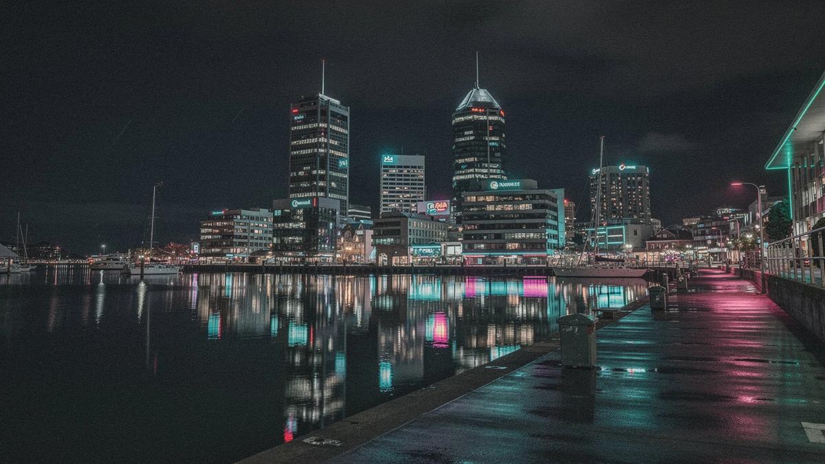 Harbour Lights theme: Auckland waterfront at night with neon reflections